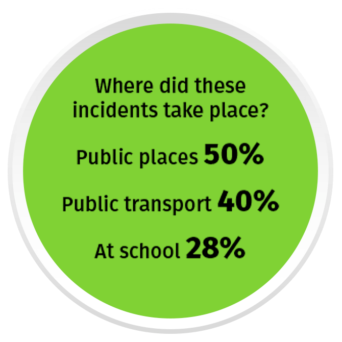Where did these incidents take place? Public places 50%, Public transport 40%, At school 28%